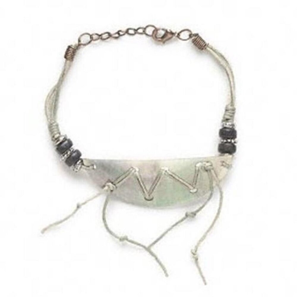 Adjustable Antiqued Brass Waxed Cotton Cord and Black Lip Shell Bracelet